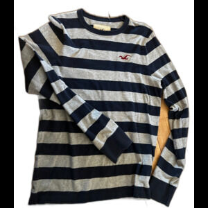 Hollister California Mens L Gray Navy Striped Rugby Long Sleeve Shirt
